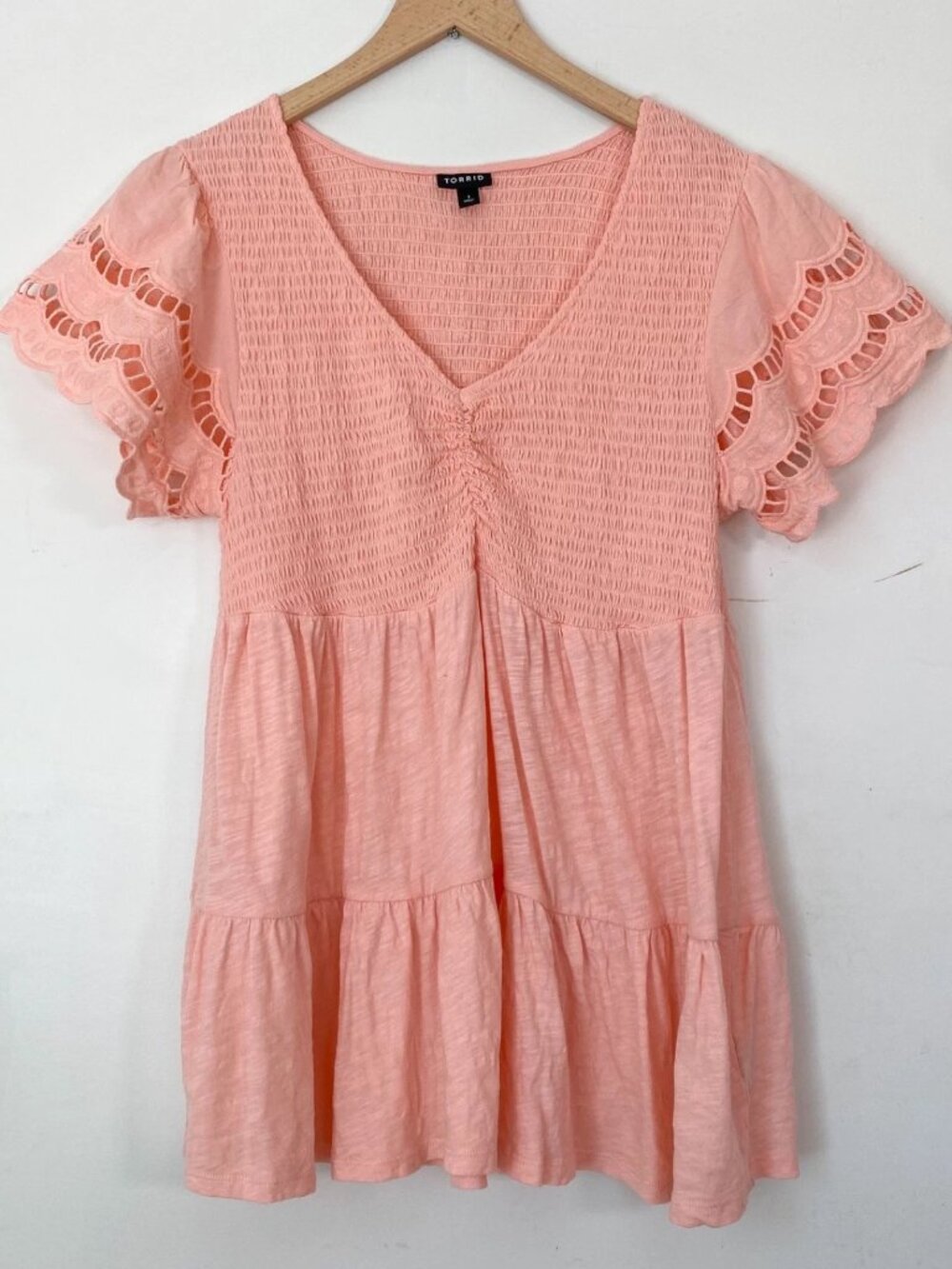 Torrid Womens Coquette Smocked Boho Top Size 1X Pink Cottagecore Milkmaid Tiered